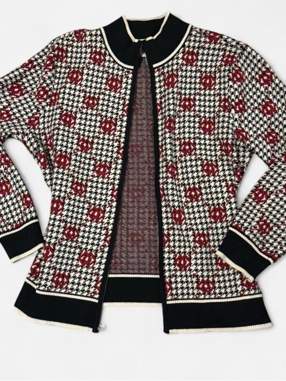 Anne Klein Black & White Houndstooth Zip Cardigan with Red Floral Motif